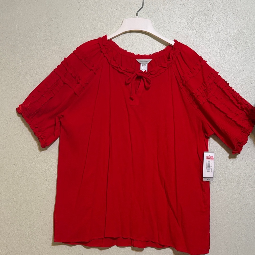 Multiples Red Blouse with Ruffle Trim